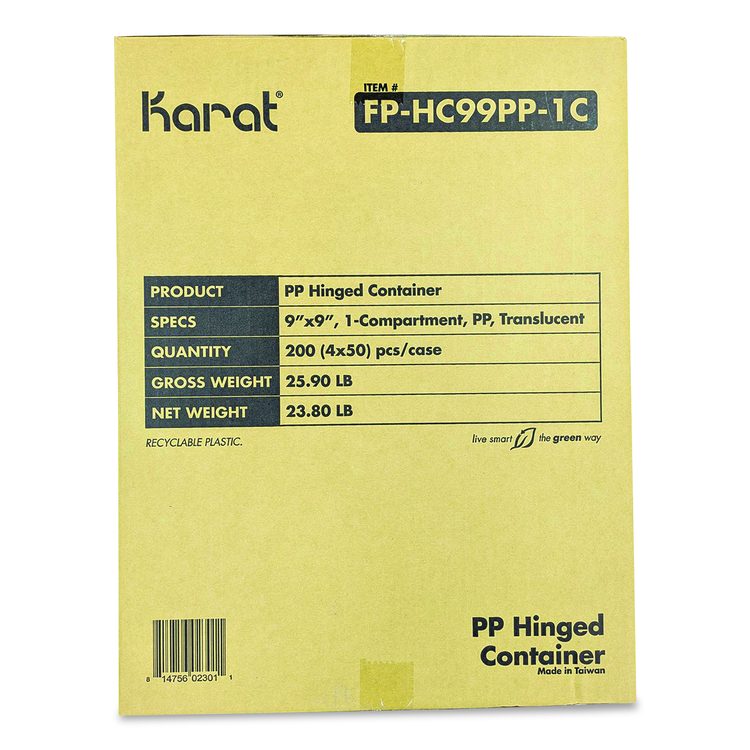 Polypropylene Plastic Hinged Container, 9.35 x 9.22 x 3.17, Clear, Plastic, 50/Pack, 4 Packs/Carton