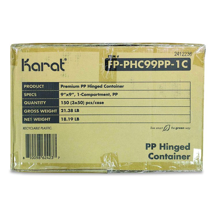 Polypropylene Plastic Hinged Container, 9 x 9 x 3, Black/Clear, Plastic, 50/Pack, 3 Packs/Carton