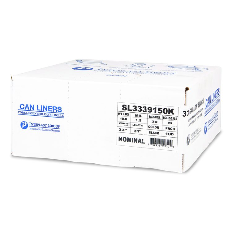 Low-Density Commercial Can Liners, 33 gal, 1.5 mil, 33" x 39", Black, Interleaved Roll, 20 Bags/Roll, 5 Rolls/Carton