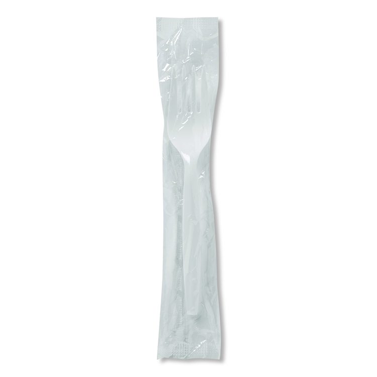 Mediumweight Polypropylene Cutlery, Individually Wrapped, Fork, Plastic, White, 1,000/Carton