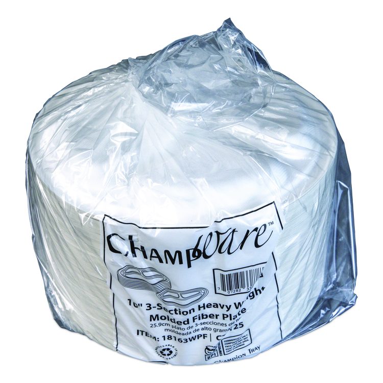 ChampWare Molded Fiber Tableware, 3-Compartment Plate, 10" dia, White, 125/Sleeve, 4 Sleeves/Carton