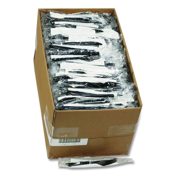 Gardenware Cutlery Kit, Individually Wrapped, Heavyweight, Fork/Knife/Napkin, Plastic, Black, 500/Carton