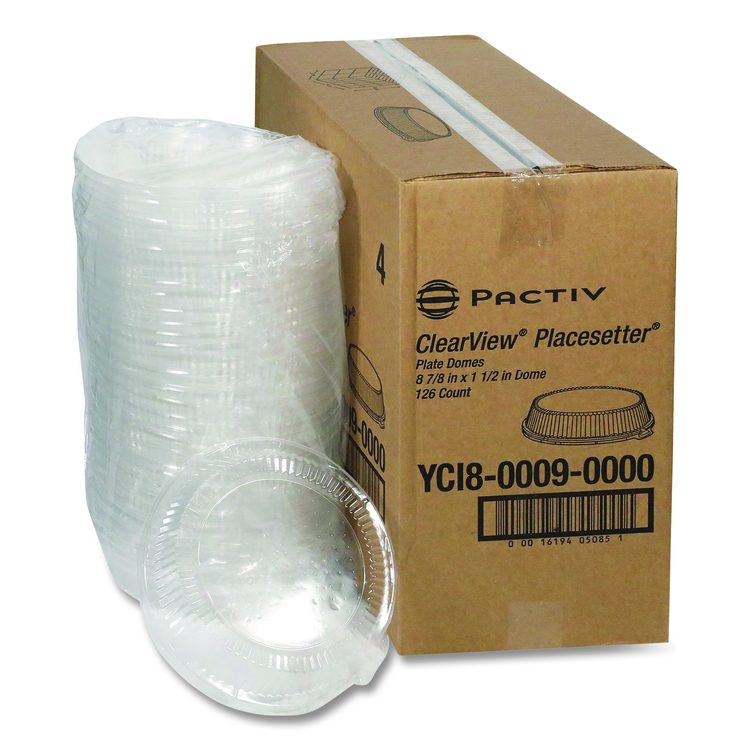 ClearView Dome-Style Lid with Tabs, 8.9" Diameter x 0.8" h, Clear, Plastic, 126/Carton