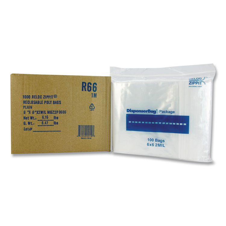 Reloc Zippit Plastic Zipper Bags, 2 mil, 6" x 6", Clear, 1,000/Box