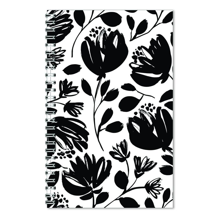 Recycled Non-Dated Monthly/Weekly Planner, Black and White Floral, Black/White Cover, Undated