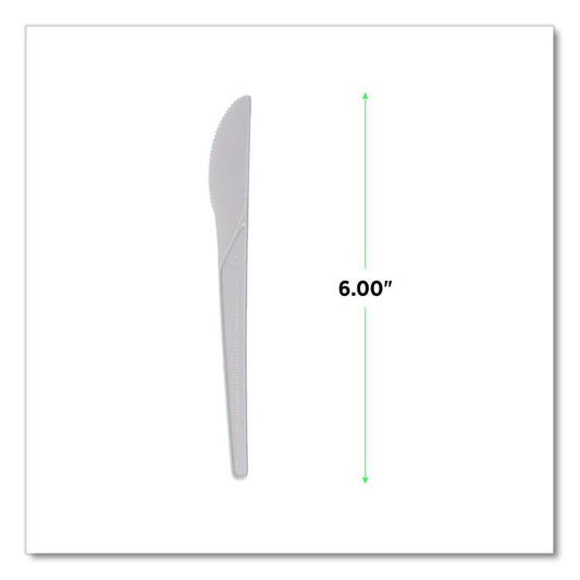 Plantware Compostable Cutlery, Knife, Plastic, Pearl White, 50/Pack, 20 Packs/Carton
