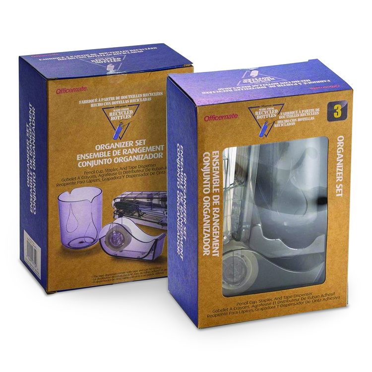 Recycled Plastic Three-Piece Desk Set: (1) Pencil Cup, (1) Stapler, (1) Tape Dispenser, (1) Roll of Tape, Translucent Ash