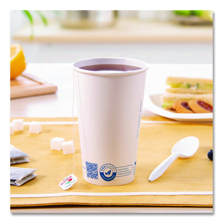 Recycled Content PCF Paper Hot Cups, ProPlanet Seal, 16 oz, White/Blue, 1,000/Carton