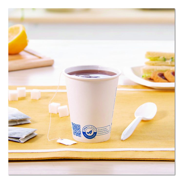 Recycled Content PCF Paper Hot Cups, ProPlanet Seal, 8 oz, White/Blue, 1,000/Carton
