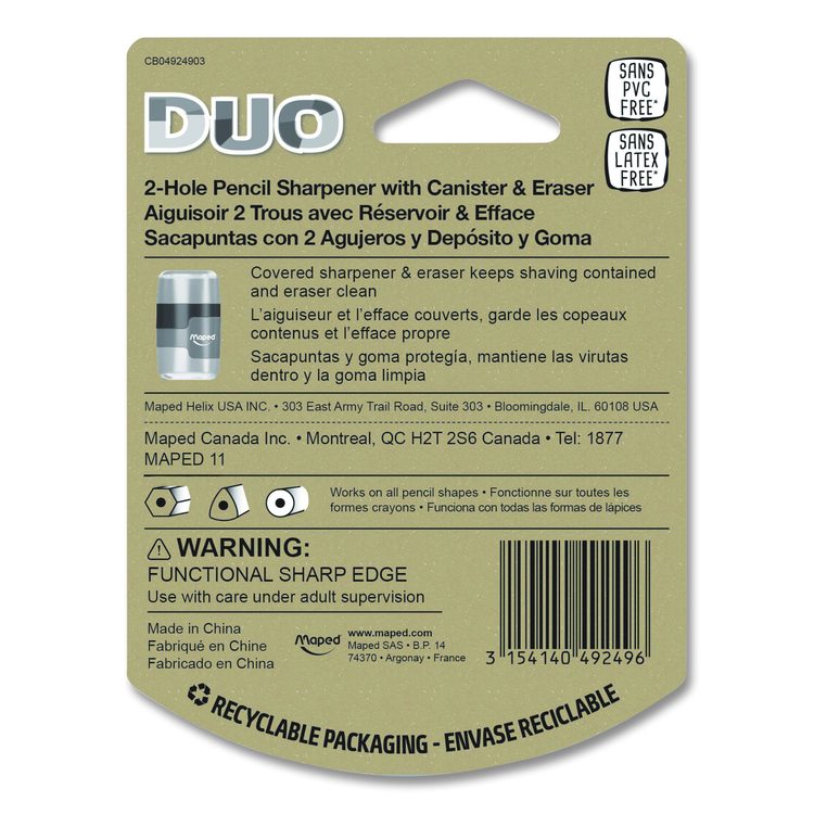 DUO 2-Hole Canister Pencil Sharpener/Eraser Combo, 3.74 x 1.08 x 4.92, Randomly Assorted Colors