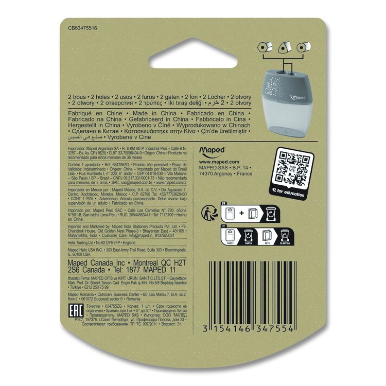 Shaker Two-Hole Canister Pencil Sharpener, 3.74 x 1.02 x 4.92, Randomly Assorted Color