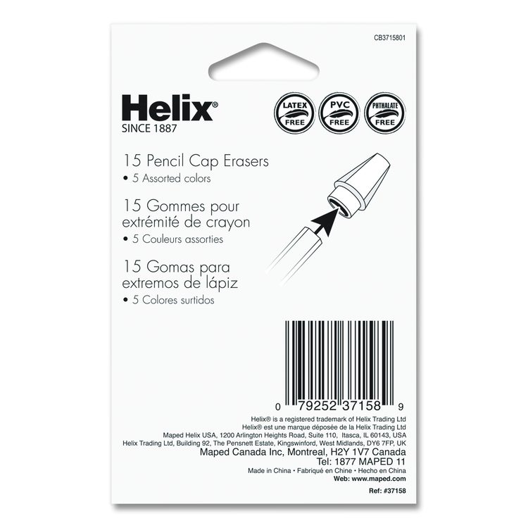 Classic Pencil Cap Erasers, For Pencil Marks, Assorted Colors, 15/Pack