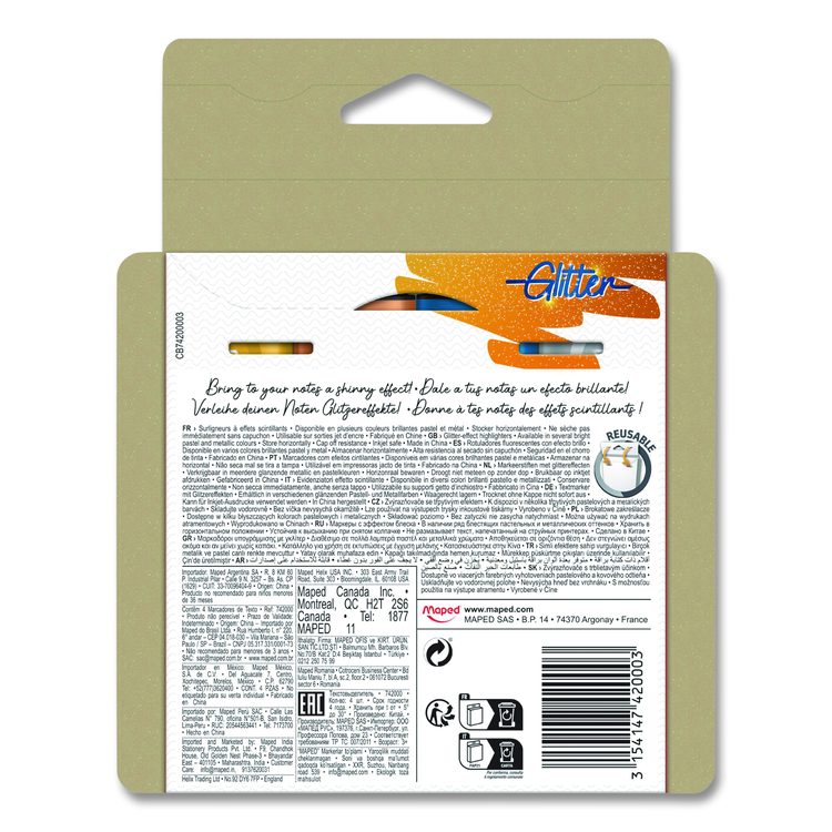 Fluo Peps Metallic Glitter Highlighter, Assorted Ink, Chisel Tip, Assorted Barrel, 4/Pack