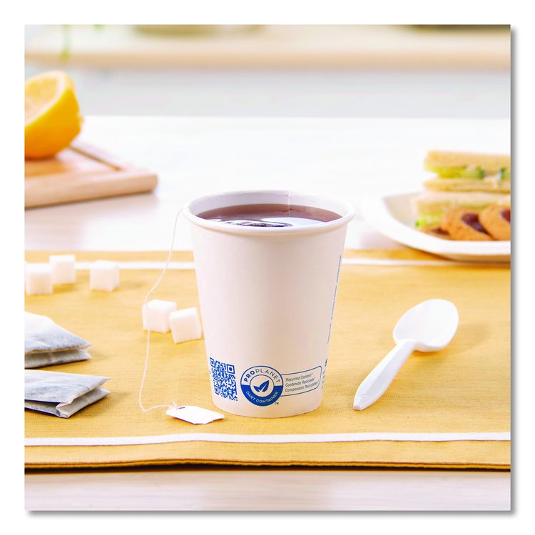 Recycled Content PCF Paper Hot Cups, ProPlanet Seal, 8 oz, White, 50/Pack