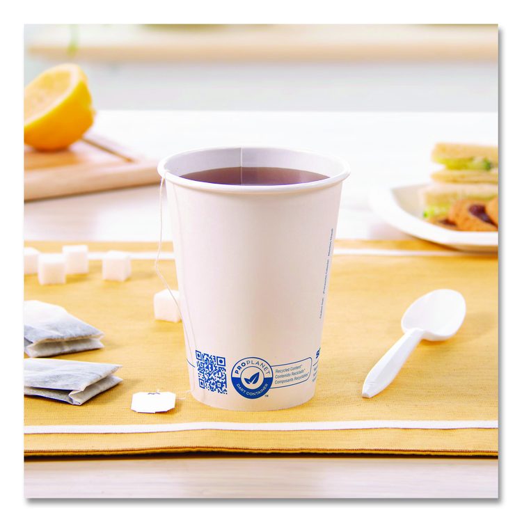 Recycled Content PCF Paper Hot Cups, ProPlanet Seal, 12 oz, White, 50/Pack