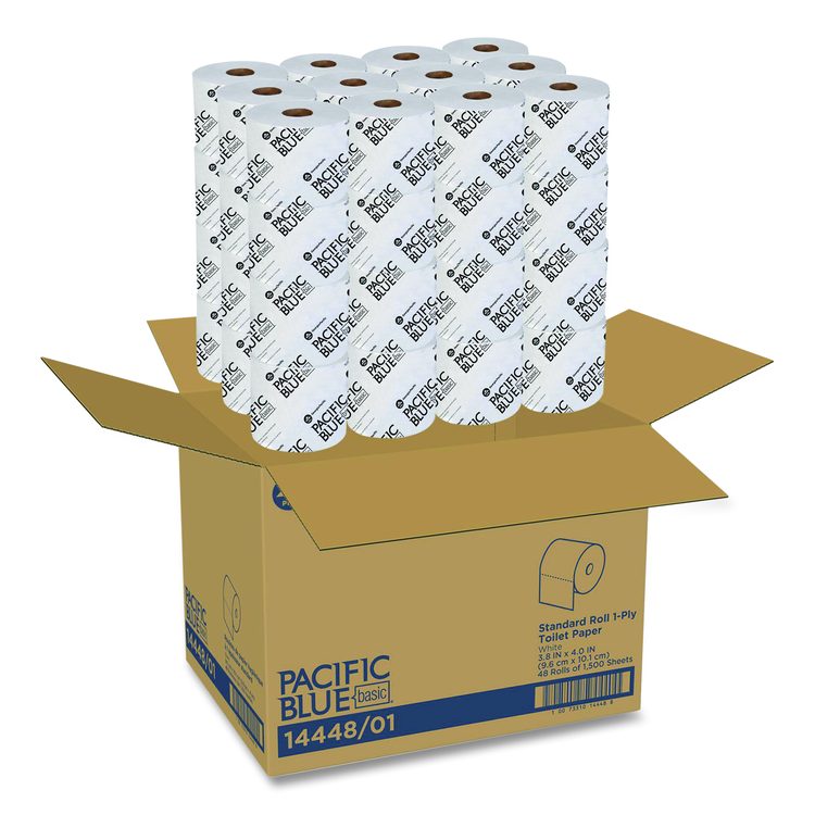 Pacific Blue Basic High-Capacity Bathroom Tissue, Septic Safe, 1-Ply, White, 1,500 Sheets/Roll, 48 Rolls/Carton