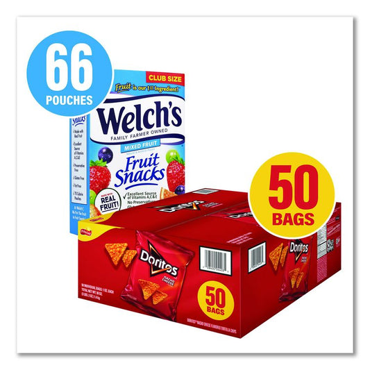 Doritos Nacho Cheese Tortilla Chips and Welch's Mixed Fruit Snacks, (50) 1oz Bag Chips, (66) 0.8 oz Pouch Fruit Snacks/Bundle
