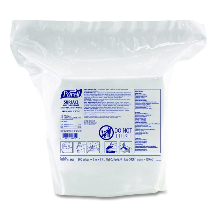 Surface Multi-Purpose Disinfecting Wipes, 1-Ply, 5 x 7, Fresh Citrus, White, 2/Carton
