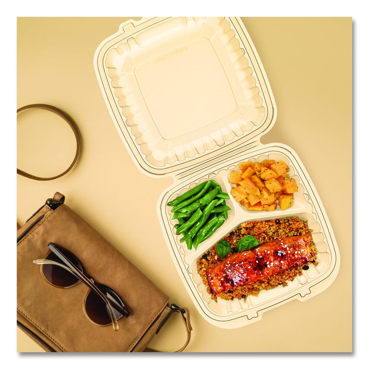 Microwaveable Hinged Containers, ProPlanet Seal, 3 Compartments, 9 x 8.75 x 3, Clear, Plastic,150/Carton