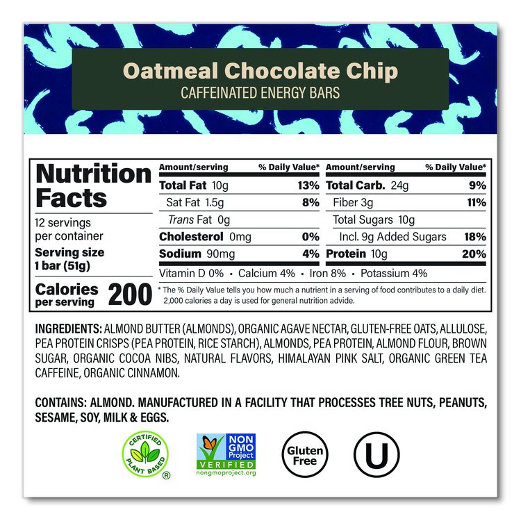 Caffeinated Protein Bar, Oatmeal Chocolate Chip, 1.8 oz Bar, 12/Box