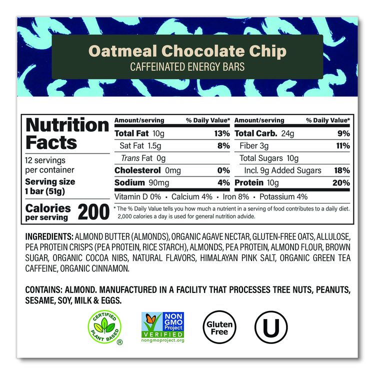 Caffeinated Protein Bar, Chocolate Chip Peanut Butter and Oatmeal Chocolate Chip, 1.8 oz Bar, 24/Box