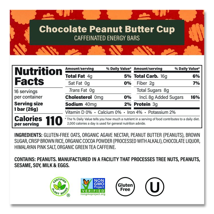 Caffeinated Energy Bar, Chocolate Peanut Butter Cup and Chocolate Chip Cookie Dough, 0.92 oz Bar, 32/Box