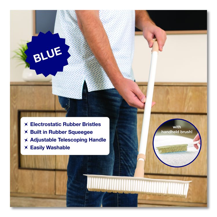 Rubber Broom and Handheld Brush,11.75 x 50 Plastic Handle, White/Blue