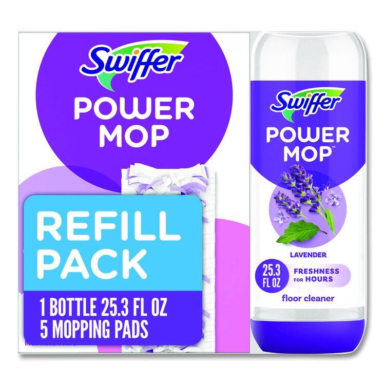 PowerMop Cleaning Solution and Pads Refill Pack, Lavender Scent, 25.3 oz Bottle and 5 Pads per Pack, 4 Packs/Carton
