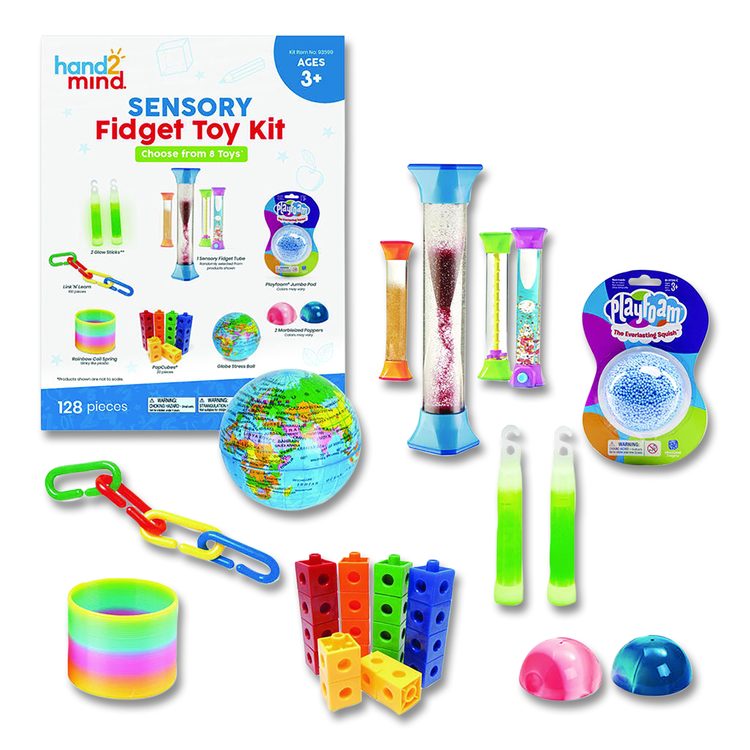 Sensory Fidget Toy Kit, Eight Toy Types, Ages 3 and Up, Assorted Colors, 128 Pieces