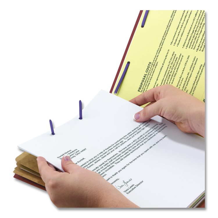 Pressboard Classification Folders, 2/5-Cut Tab, Expands 3", 3 Dividers, 8 SafeSHIELD Fasteners, Letter Size, Red, 10/Box