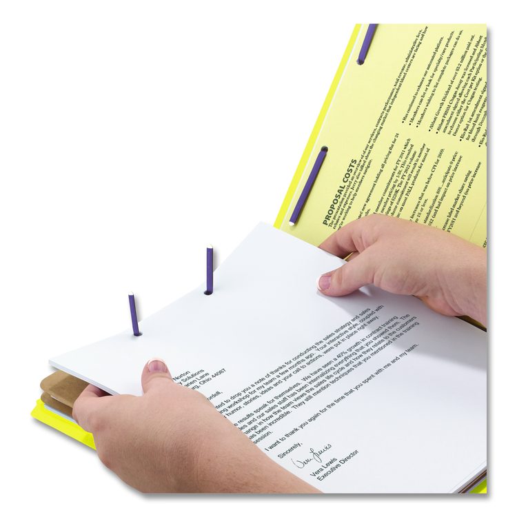 Pressboard Top Tab Pocket Classification Folders, Expands 2", 2 Dividers, 6 SafeSHIELD Fasteners, Legal Size, Yellow, 10/Box