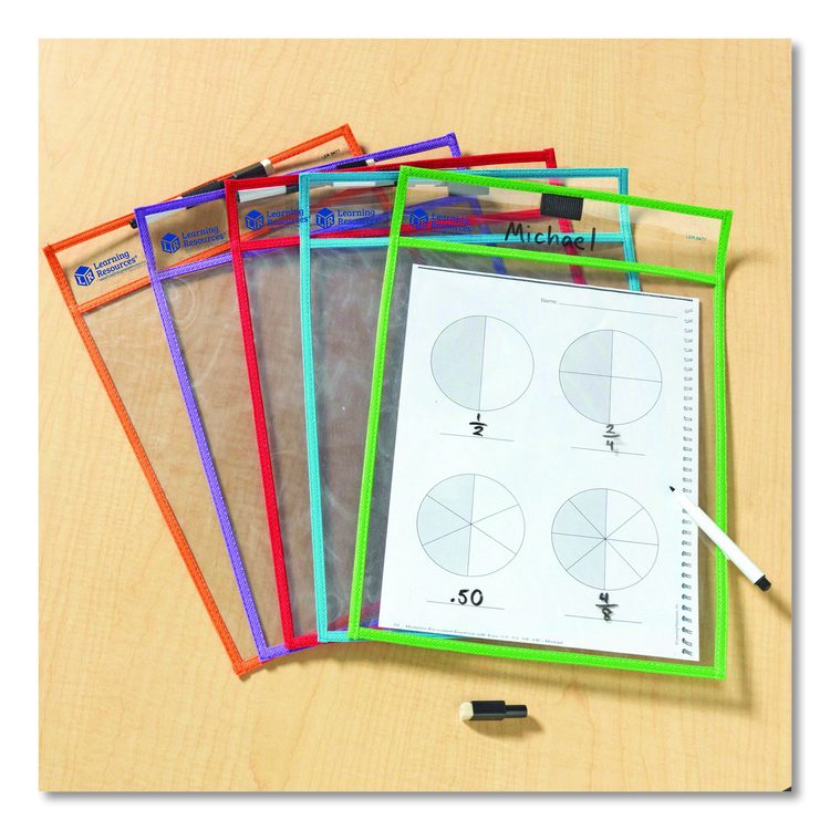 Write and Wipe Pockets, Medium-Duty, Top Load, 10" x 14" Insert, Clear Front, Assorted Color Border, 5 Pockets