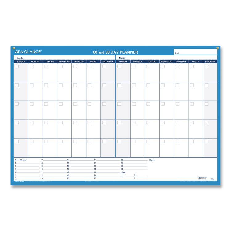 30/60-Day Undated Horizontal Erasable Wall Planner, 36 x 24, White/Blue Sheets, Undated
