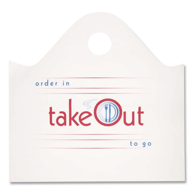 Wave Top To-Go Bags, Take-Out Labeling, Cut-Out Handles, 1.2 mil, 19" x 9.5" x 19", White/Blue/Red, 500/Carton
