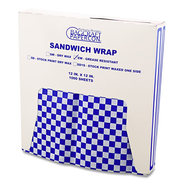 Grease-Resistant Paper Wraps and Liners, 12 x 12, Blue Check, 1,000/Box, 5 Boxes/Carton