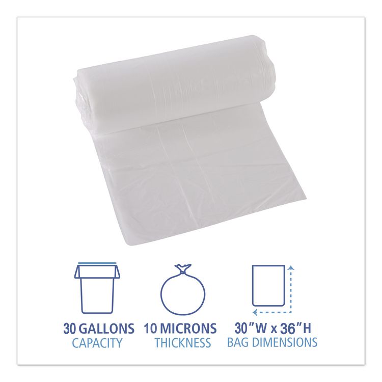 High-Density Can Liners, 30 gal, 10 mic, 30" x 36", Natural, Perforated Roll, 25 Bags/Roll, 20 Rolls/Carton