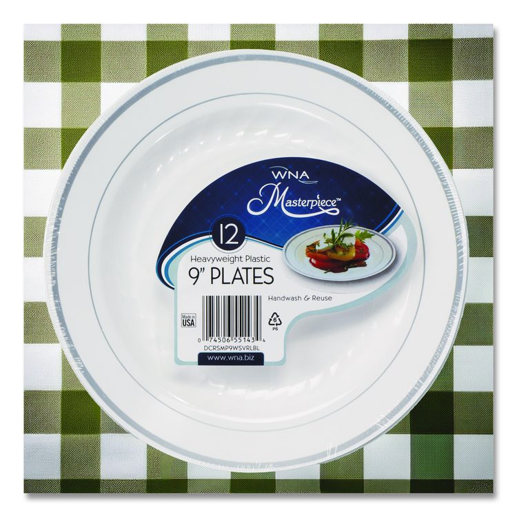 Masterpiece Plastic Plates, 9" dia, White/Silver, 10/Pack, 12 Packs/Carton
