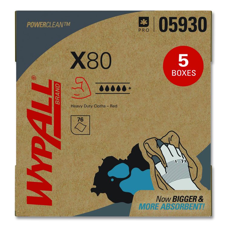 Power Clean X80 Heavy Duty Cloths, HYDROKNIT, POP-UP Box, 8.34 x 16.8, Red, 76/Box, 5 Box/Carton