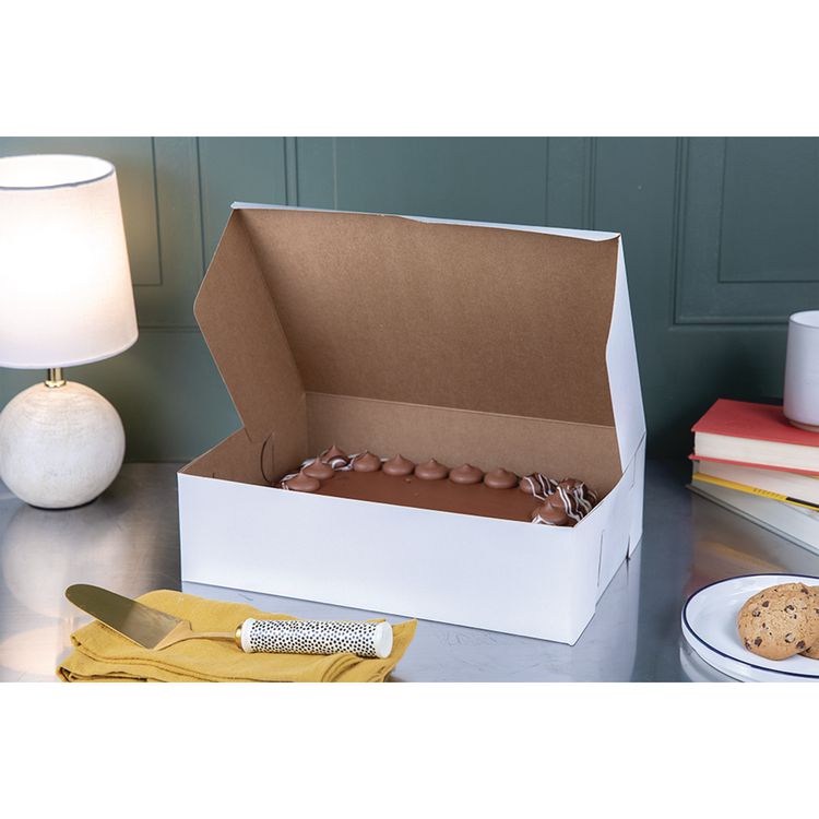 White One-Piece Non-Window Bakery Boxes, 1/4-Sheet Cake Box, 14 x 10 x 4, White, Paper, 100/Carton