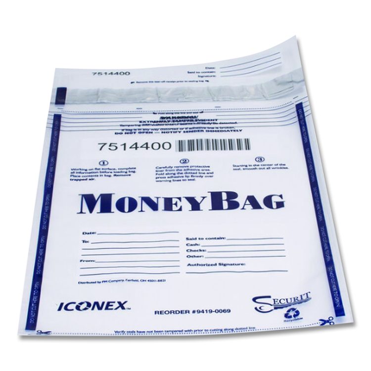 Tamper Evident Deposit Bag, Plastic, 9" x 12", White, 100/Pack