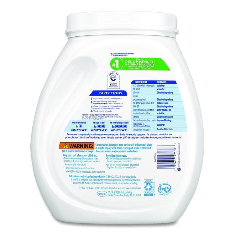 MIGHTY PACS Free Clear HE Laundry Detergent, 80 Pods/Tub, 4 Tubs/Carton