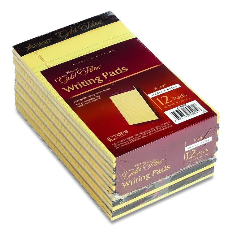 Gold Fibre Quality Writing Pads, Medium/College Rule, (50) Canary Yellow 5 x 8 Sheets, Dozen