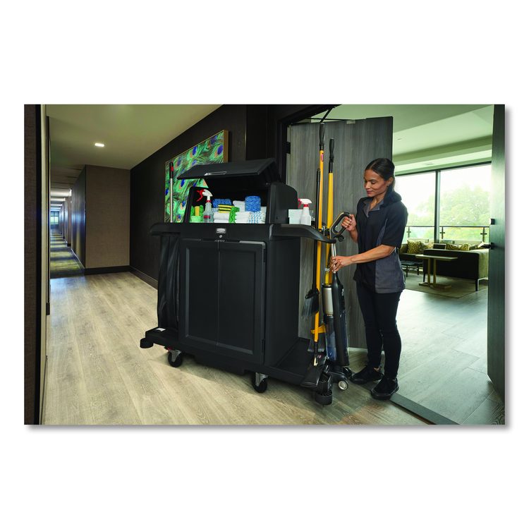 Housekeeping Cart with Hood and Doors, Plastic, 4 Shelves,1 Bin, 24.4 x 62.4 x 56.9, Black