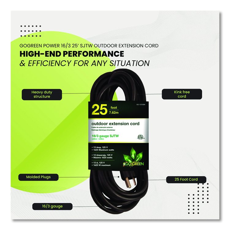 16 AWG Outdoor Extension Cord, 25 ft, 13 A, Black