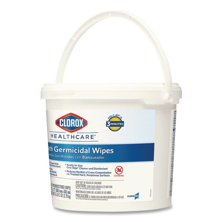 Bleach Germicidal Wipes, 1-Ply, 12 x 12, Unscented, White, 110/Bucket, 2 Buckets/Carton