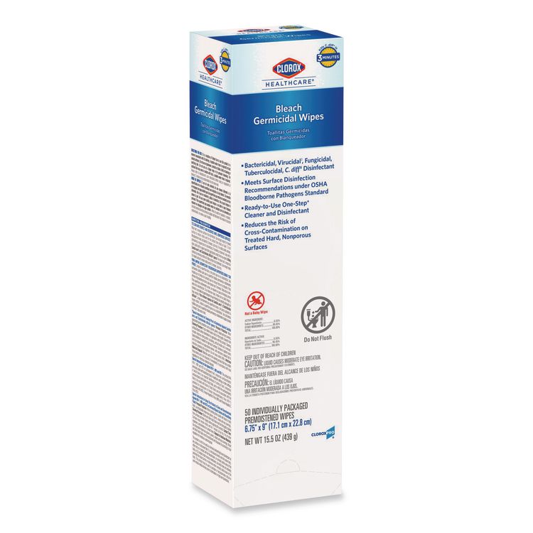 Bleach Germicidal Wipes, Individual Wipes, 1-Ply, 6.75 x 9, Unscented, White, 50/Box, 6 Boxes/Carton