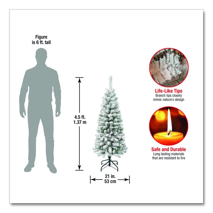 Acacia Pencil Slim Flocked Tree, 21" x 21" x 53.1", Green Tree, Green Tree Stand