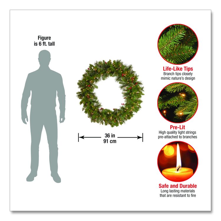 Pre-Lit Crestwood Spruce Wreath, AC Powered, Clear Incandescent Lights, 36" Diameter x 5"h, Green