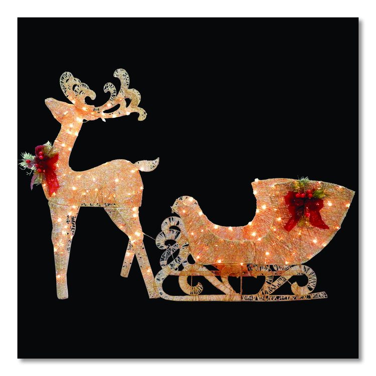 Champagne Reindeer Pulling Sleigh, AC Power, Warm White LED Lights, 13.5" x 24" x 48" Reindeer, 13.5" x 38.5" x 24" Sleigh