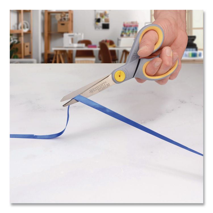 Titanium Bonded Scissors, 8" Long, 3.5" Cut Length, Straight Gray/Yellow Handle